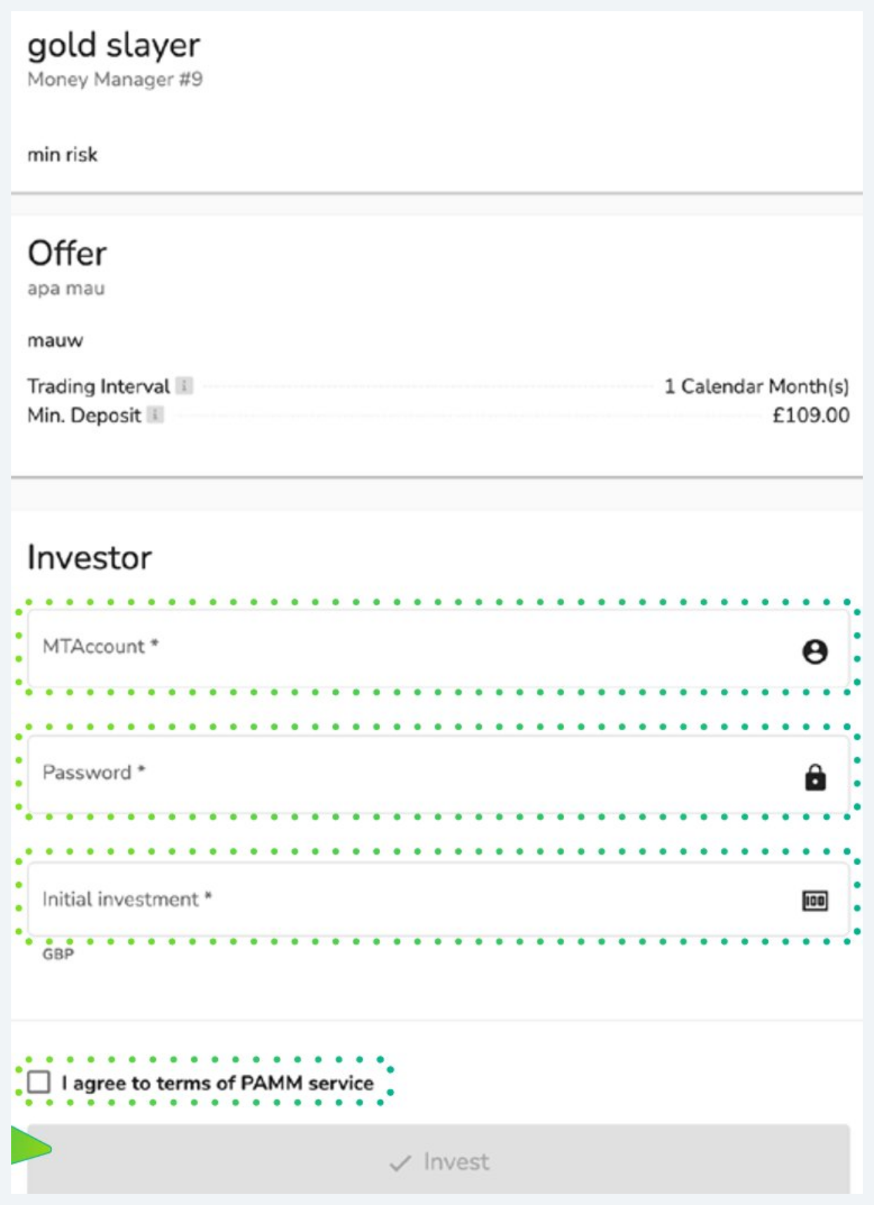 PAMM offer details and investor connection form